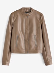 Toffee Brown Centre Front Faux Leather Jacket - Image 6 of 9