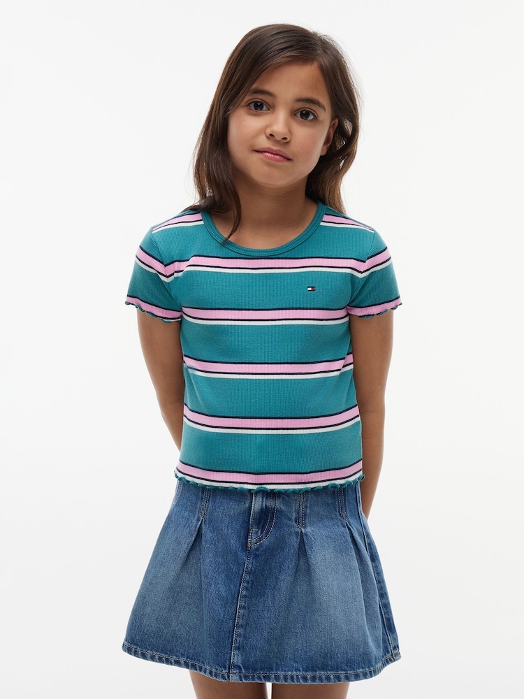 Tommy Hilfiger Green Essential Ruffle Extra Slim Ribbed Top - Image 1 of 5 Tommy Hilfiger Green Essential Ruffle Extra Slim Ribbed Top - Image 1 of 5