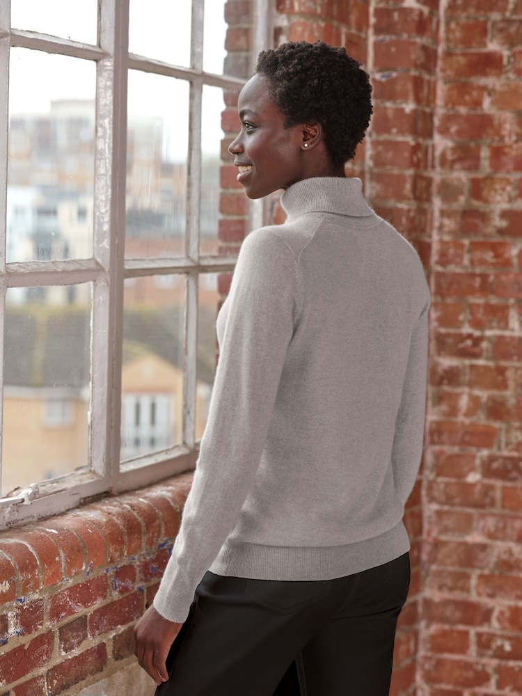 Pure Collection Grey Cashmere Roll Neck Long Sleeve Jumper - Image 2 of 3 Pure Collection Grey Cashmere Roll Neck Long Sleeve Jumper - Image 2 of 3