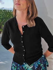Pure Collection Black Cashmere Crop Crew Neck Cardigan - Image 3 of 3