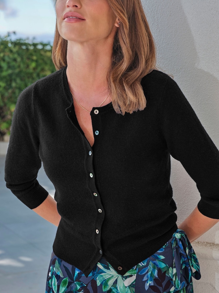 Pure Collection Black Cashmere Crop Crew Neck Cardigan - Image 3 of 3 Pure Collection Black Cashmere Crop Crew Neck Cardigan - Image 3 of 3