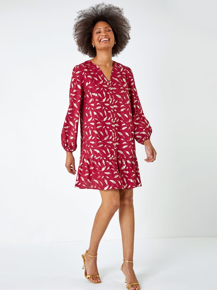 Dusk Red Metallic Foil Feather Shirt Dress - Image 1 of 5