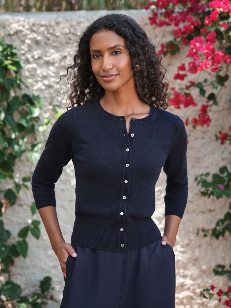 Pure Collection Navy Blue Cashmere Crop Crew Neck Cardigan - Image 1 of 3 Pure Collection Navy Blue Cashmere Crop Crew Neck Cardigan - Image 1 of 3