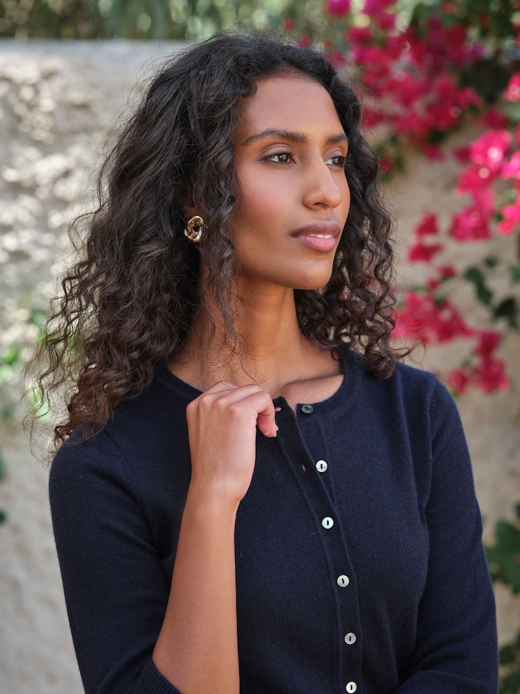 Pure Collection Navy Blue Cashmere Crop Crew Neck Cardigan - Image 3 of 3 Pure Collection Navy Blue Cashmere Crop Crew Neck Cardigan - Image 3 of 3