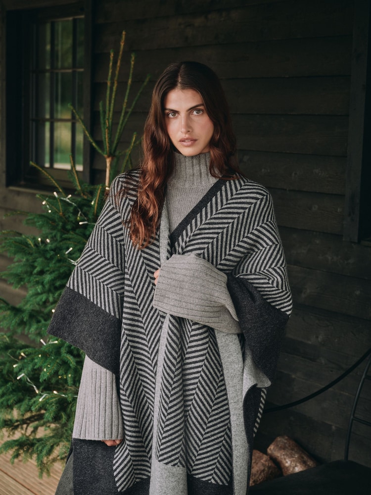 Barbour® Grey Roslin 100% Cotton Knitted Jacquard Cape - Image 1 of 12