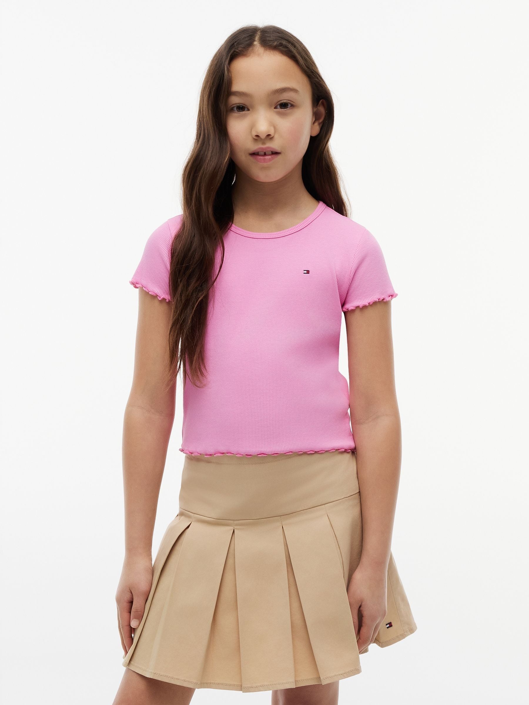 Tommy Hilfiger Women's Pink Essential Ruffle Extra Slim Ribbed Top