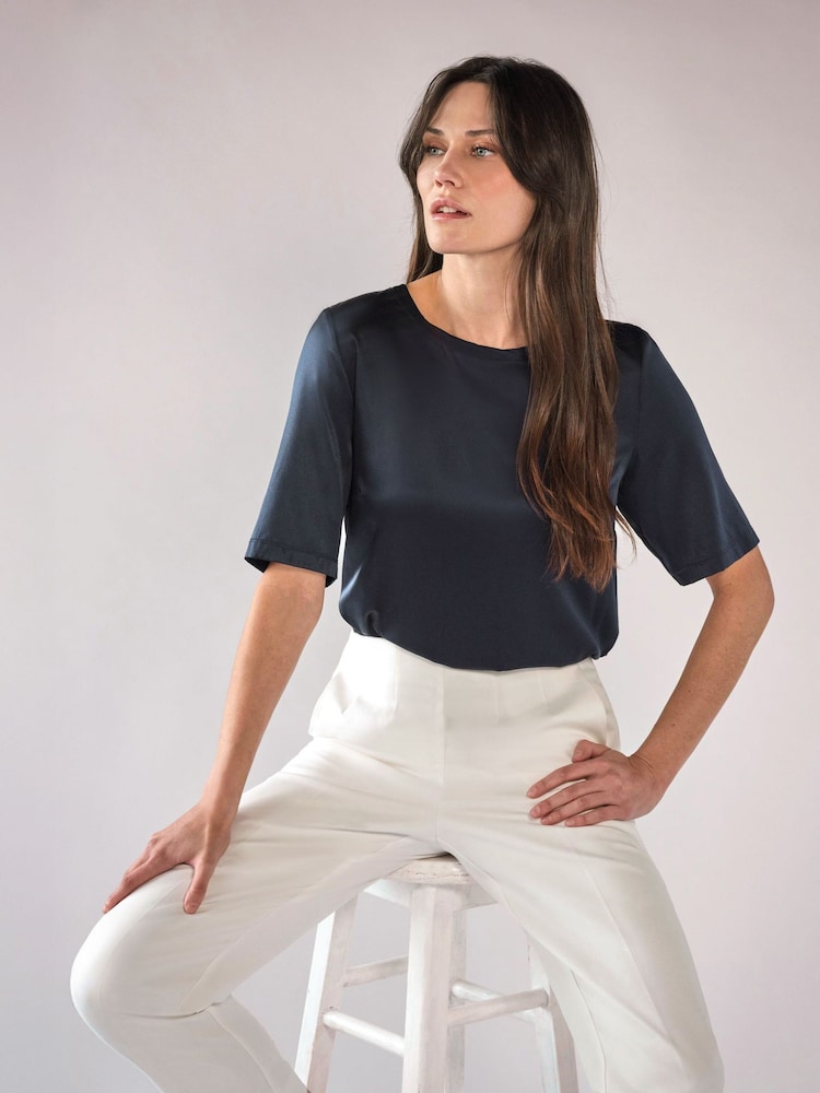 Pure Collection Navy Blue Silk Front T-Shirt - Image 1 of 3