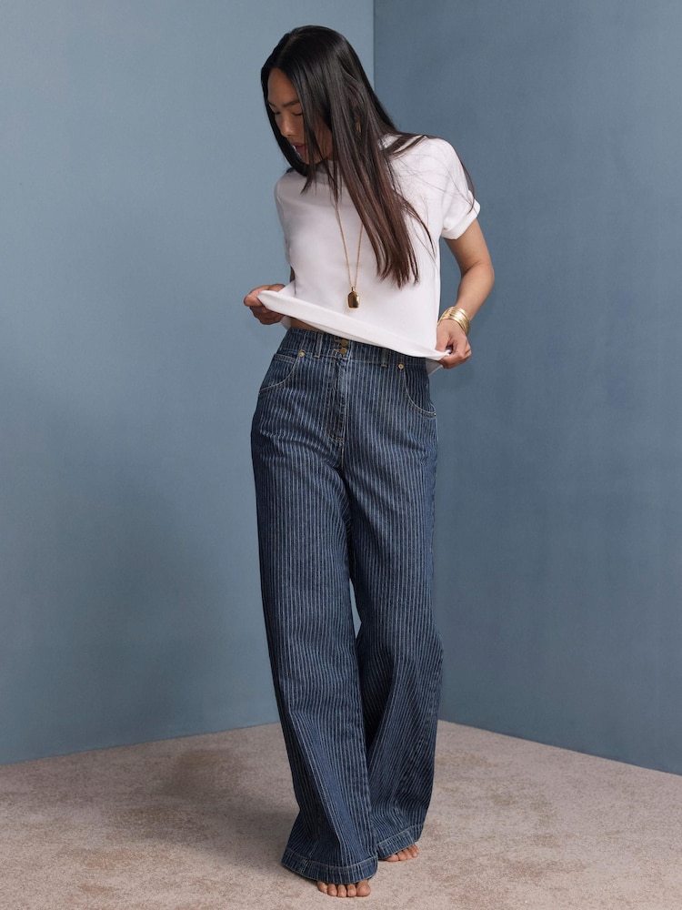 Mint Velvet Blue Pinstripe Wide Jeans - Image 2 of 8