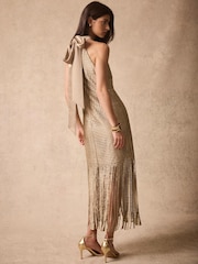 Mint Velvet Natural Halter Disc Fringed Mini Dress - Image 5 of 8