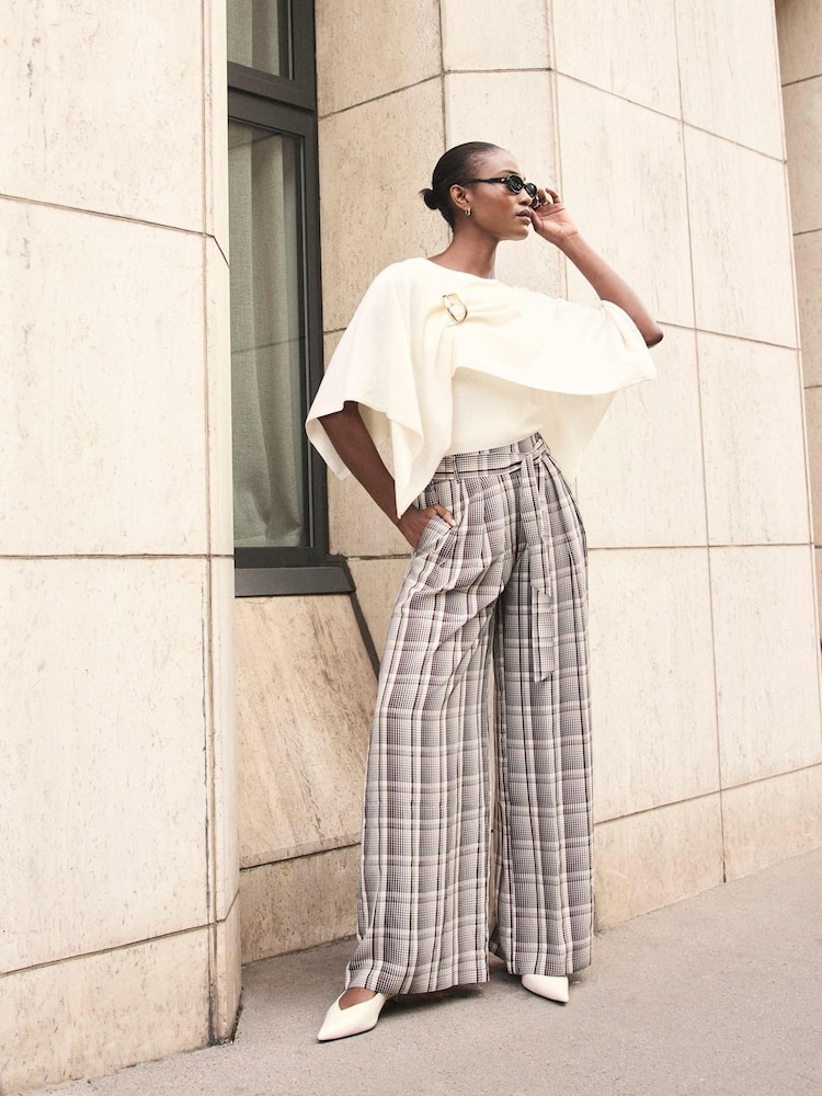 Mint Velvet Brown Check Belted Wide Leg Trousers - Image 2 of 7