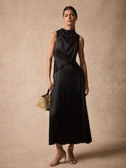 Mint Velvet Black Satin Cowl Neck Midi Dress - Image 1 of 6