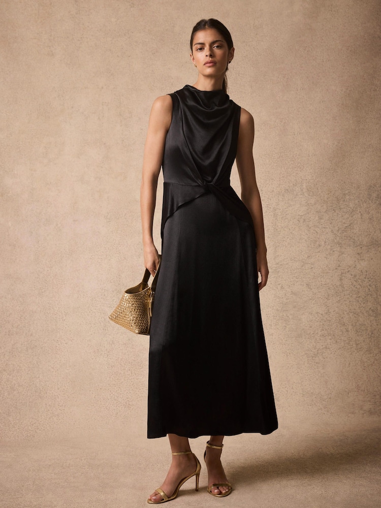 Mint Velvet Black Satin Cowl Neck Midi Dress - Image 1 of 6 Mint Velvet Black Satin Cowl Neck Midi Dress - Image 1 of 6