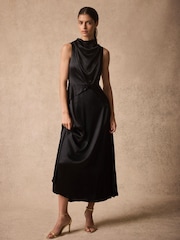 Mint Velvet Black Satin Cowl Neck Midi Dress - Image 3 of 6