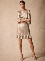 Mint Velvet Gold Metallic Ruffle Hem Mini Dress - Image 2 of 8