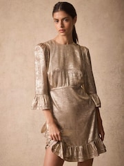 Mint Velvet Gold Metallic Ruffle Hem Mini Dress - Image 3 of 8