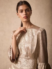 Mint Velvet Gold Metallic Ruffle Hem Mini Dress - Image 4 of 8