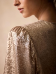 Mint Velvet Gold Metallic Ruffle Hem Mini Dress - Image 6 of 8