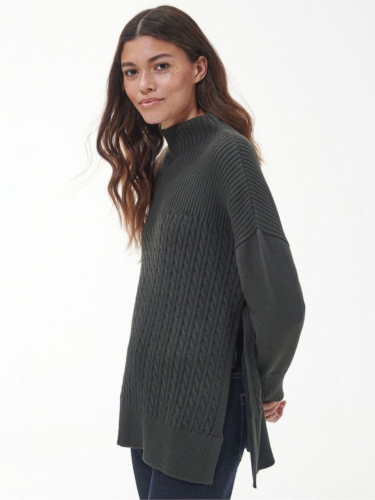 Barbour® Green 100% Cotton Stitch Guernsey Knitted Cape Jumper - Image 1 of 8 Barbour® Green 100% Cotton Stitch Guernsey Knitted Cape Jumper - Image 1 of 8