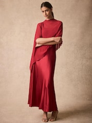 Mint Velvet Red Satin Cape Detail Maxi Dress - Image 4 of 8