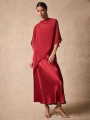 Mint Velvet Red Satin Cape Detail Maxi Dress - Image 6 of 8