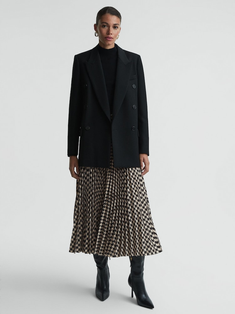 Reiss Black/White Elessia Pleated Dogtooth Midi Skirt - Image 1 of 4