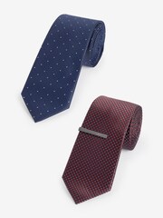 Navy Blue/Rust Brown Polka Dot Textured Tie With Tie Clips 2 Pack - Image 1 of 7