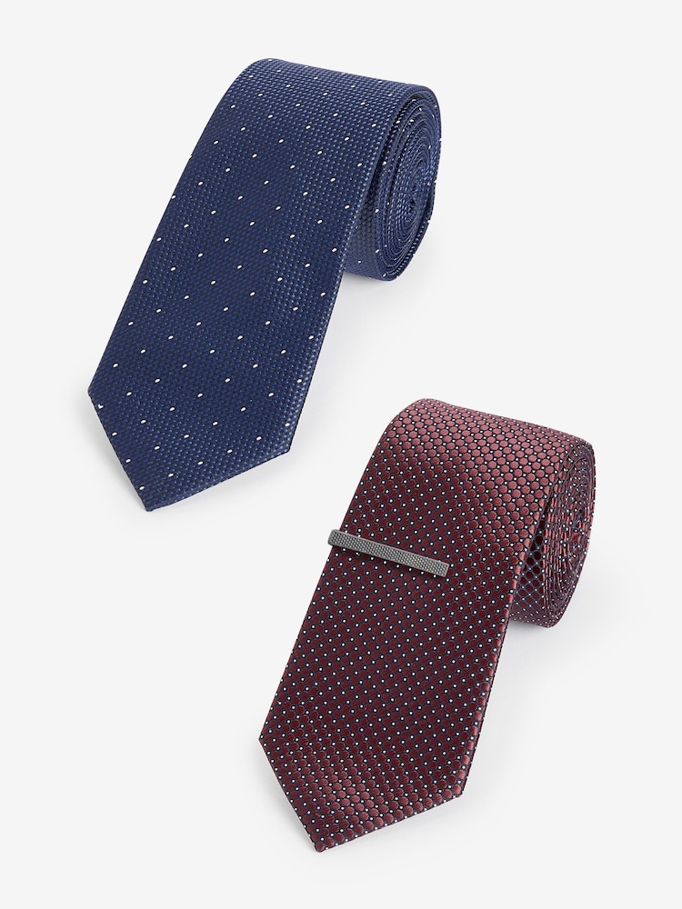 Navy Blue/Rust Brown Polka Dot Textured Tie With Tie Clips 2 Pack - Image 1 of 7