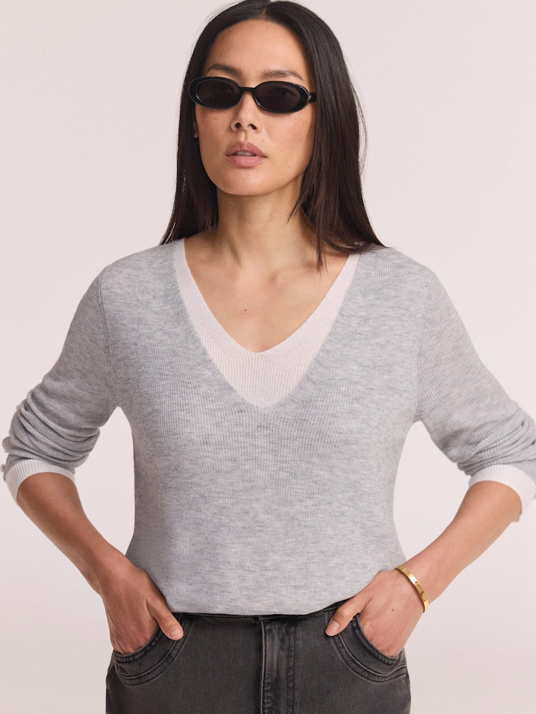 Mint Velvet Grey Layered Detail Knit Top - Image 2 of 6 Mint Velvet Grey Layered Detail Knit Top - Image 2 of 6