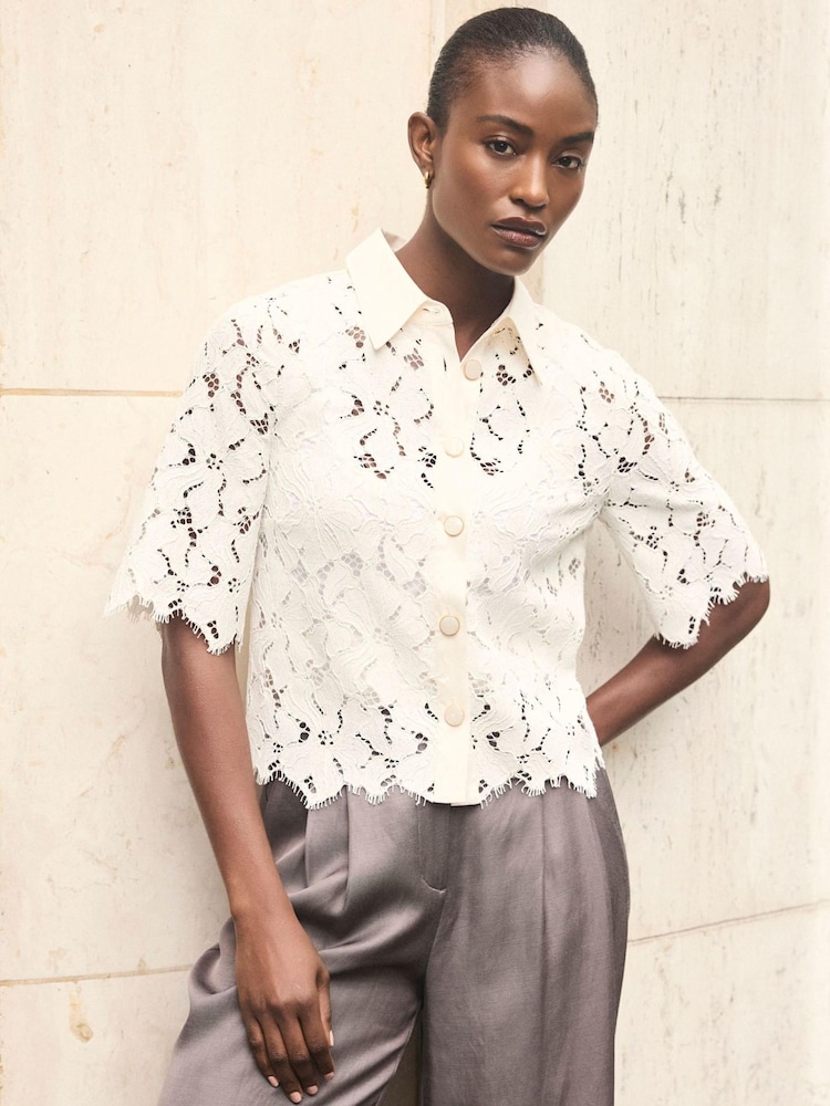 Mint Velvet White Lace Short Sleeve Cropped Shirt - Image 1 of 7 Mint Velvet White Lace Short Sleeve Cropped Shirt - Image 1 of 7