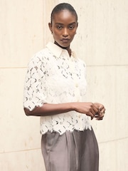 Mint Velvet White Lace Short Sleeve Cropped Shirt - Image 2 of 7