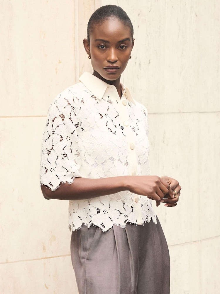 Mint Velvet White Lace Short Sleeve Cropped Shirt - Image 2 of 7 Mint Velvet White Lace Short Sleeve Cropped Shirt - Image 2 of 7