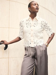 Mint Velvet White Lace Short Sleeve Cropped Shirt - Image 4 of 7