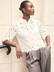 Mint Velvet White Lace Short Sleeve Cropped Shirt - Image 5 of 7