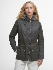 Barbour® Green Kelsall Faux Fur Trim Hood Wax Parka Jacket - Image 1 of 7