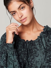Blue Print Long Sleeve Tie Back Bubblehem Top - Image 3 of 6