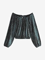 Blue Print Long Sleeve Tie Back Bubblehem Top - Image 4 of 6