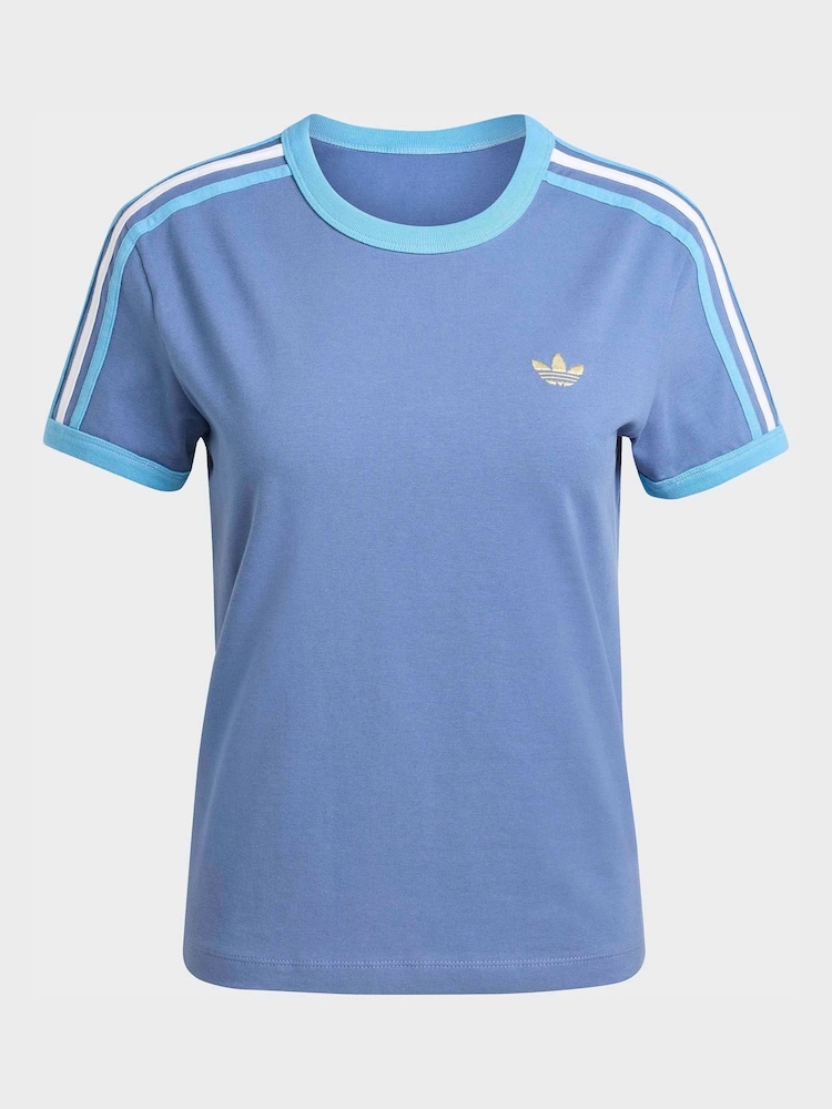 adidas Originals Blue 3 Stripes Slim T-Shirt - Image 6 of 6