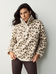 Barbour® Beige Nina Leopard Print Quarter Zip Overlayer 100% Cotton Fleece - Image 1 of 13