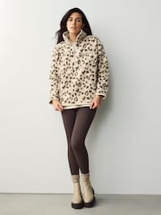 Barbour® Beige Nina Leopard Print Quarter Zip Overlayer 100% Cotton Fleece - Image 2 of 13