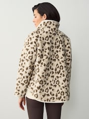 Barbour® Beige Nina Leopard Print Quarter Zip Overlayer 100% Cotton Fleece - Image 3 of 13