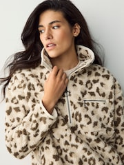 Barbour® Beige Nina Leopard Print Quarter Zip Overlayer 100% Cotton Fleece - Image 4 of 13
