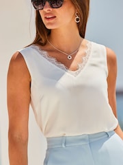 Sosandar Cream Lace Trim V-Neck Cami Top - Image 5 of 5
