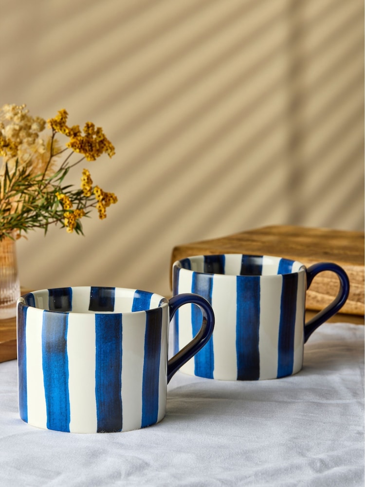 BIA International Set of 2 Blue Stripe Mugs - Image 1 of 3 BIA International Set of 2 Blue Stripe Mugs - Image 1 of 3