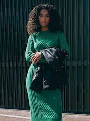 Dusk Green Cable Knit Stretch Midi Jumper Dress - Image 4 of 5