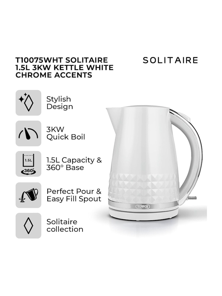 Tower White Solitaire 1.5L 3KW Kettle - Image 2 of 8