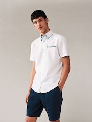 White Double Collar Regular Fit Trimmed Linen Blend Short Sleeve Shirt - Image 1 of 7