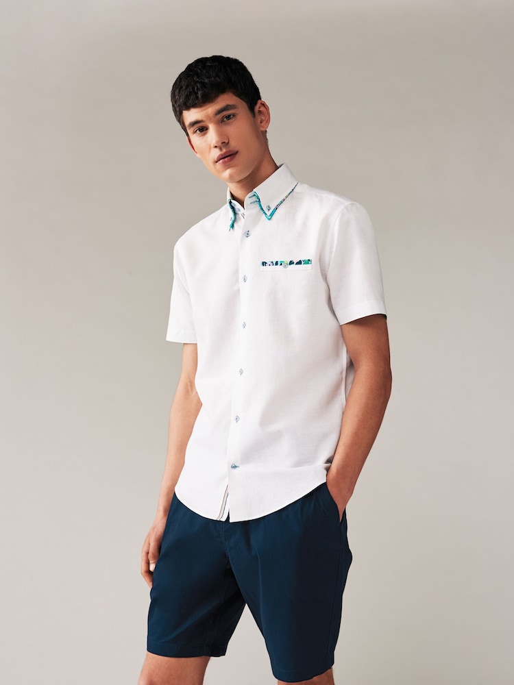 White Double Collar Regular Fit Trimmed Linen Blend Short Sleeve Shirt - Image 1 of 7
