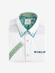 White Double Collar Regular Fit Trimmed Linen Blend Short Sleeve Shirt - Image 5 of 7