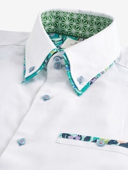 White Double Collar Regular Fit Trimmed Linen Blend Short Sleeve Shirt - Image 6 of 7