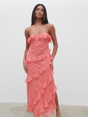 Pretty Lavish Deep Coral Aryana Ruffle Midaxi Dress - Image 1 of 5